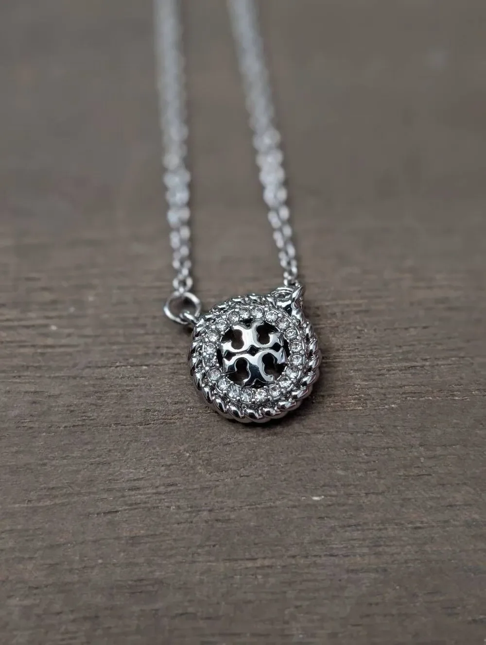 TORY BURCH Silver Miller Pave Rope Double T Logo Pendant Necklace